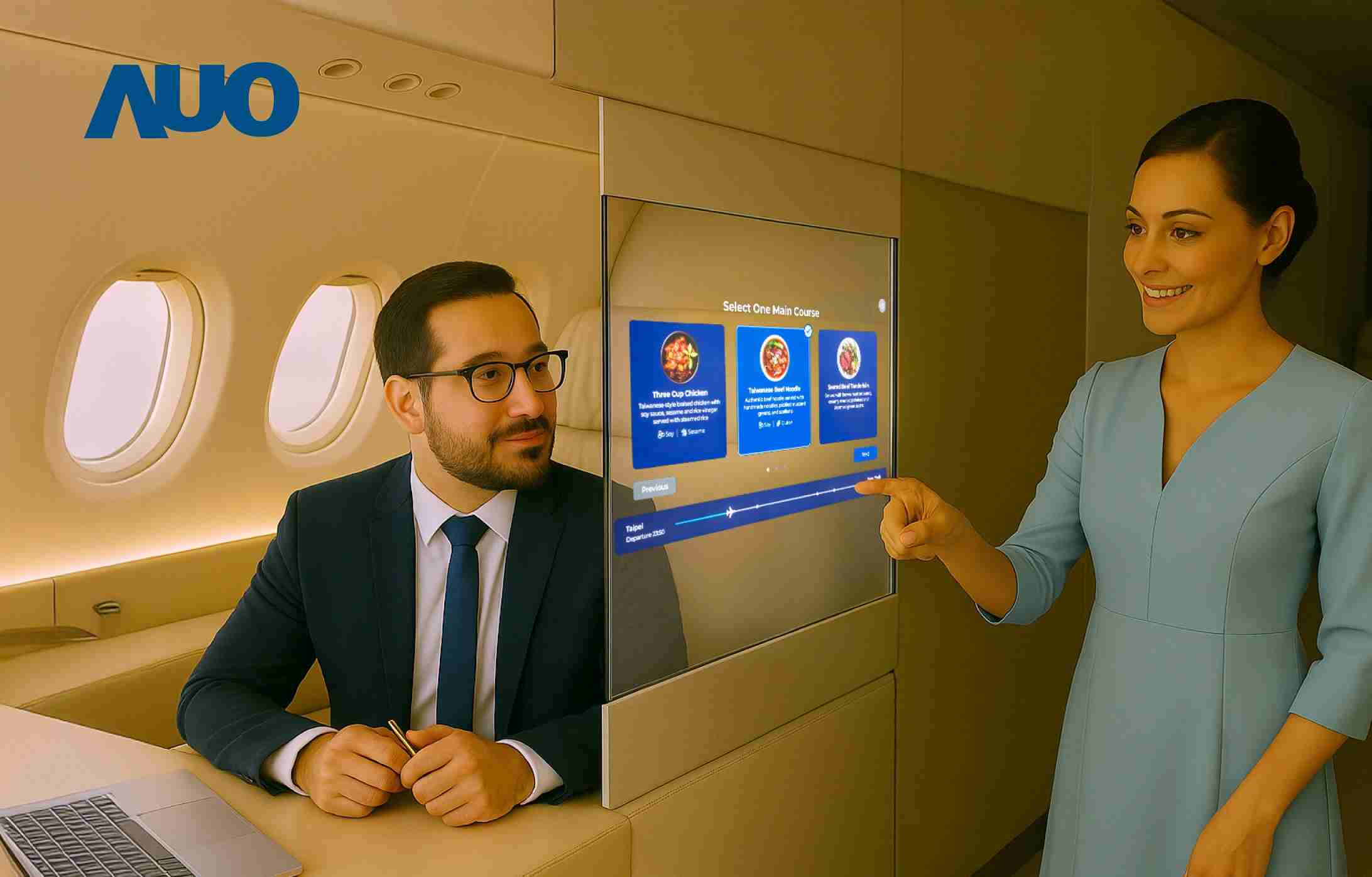 彩霸王研发全球最薄17.3 吋双面透明 Micro LED 显示器，，可在同一屏幕之双边投射不同信息，，，，创造独特的”透明化”互动；图为实时翻译交流应用情境